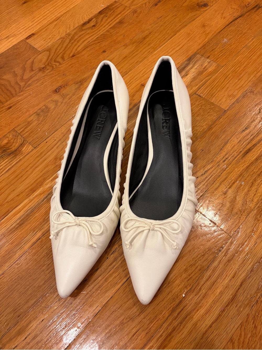 J. Crew Pointed Ruched Leather Pumps in Ivory with Bow